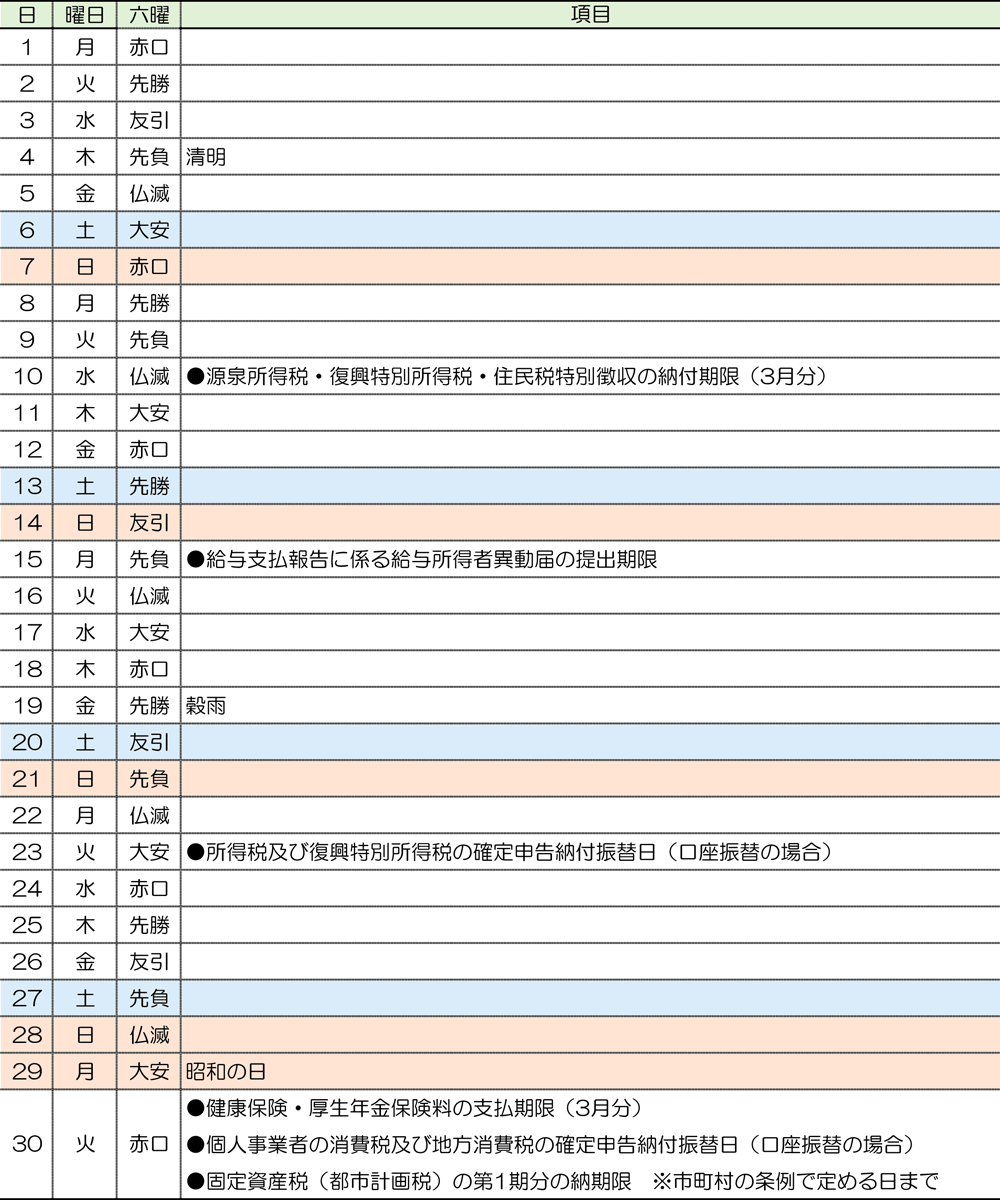 税務カレンダー｜2024年4月｜つちはし税務会計｜福岡