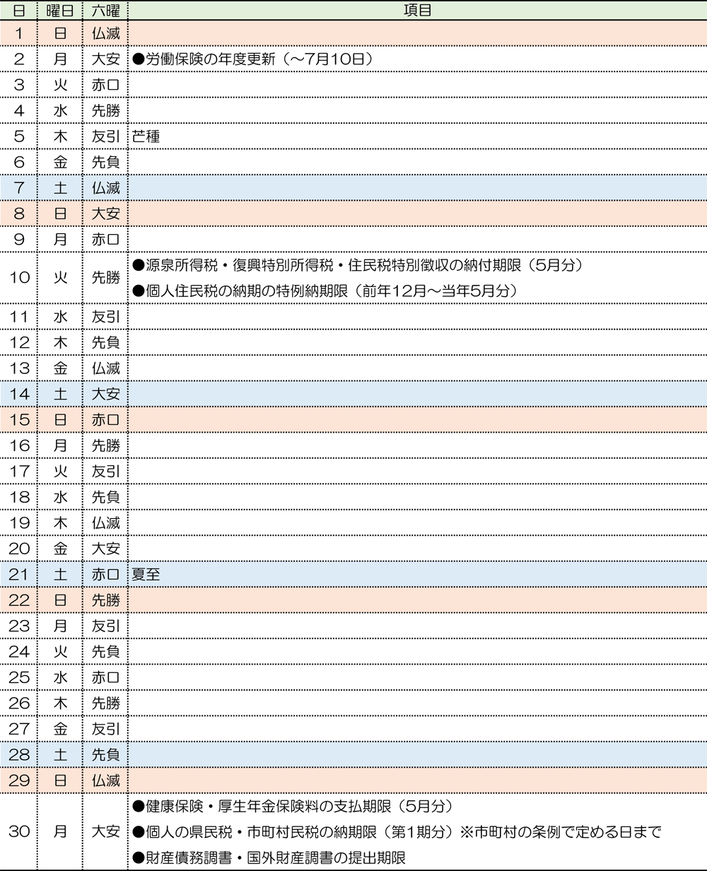 税務カレンダー｜2025年6月｜つちはし税務会計｜福岡