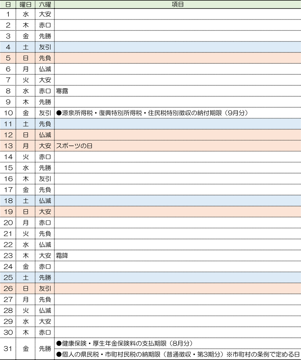 税務カレンダー｜2025年10月｜つちはし税務会計｜福岡