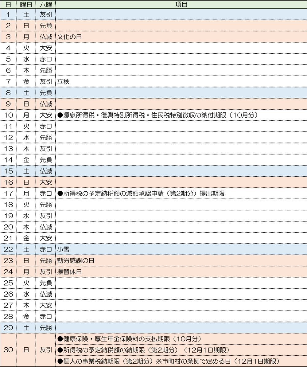 税務カレンダー｜2025年11月｜つちはし税務会計｜福岡